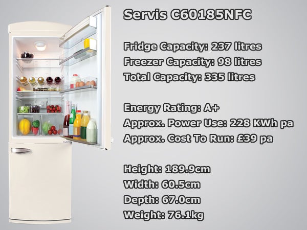 Open Servis C60185NFC fridge with specifications.
