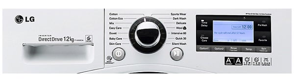Control panel of LG F1495BDA washing machine with display.