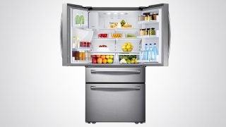 Samsung RF24FSEDBSR refrigerator open showing fully stocked shelves.