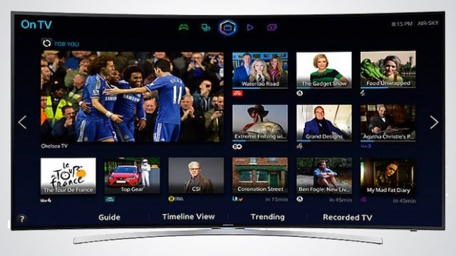 Samsung Smart TV displaying colorful on-screen menu with various apps and shows.