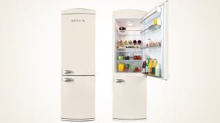 Servis C60185NF fridge freezer with open door and food items.