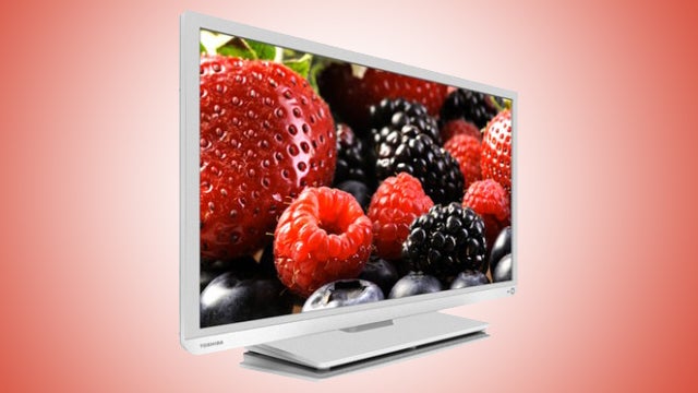 Toshiba 32D3454DB television displaying vibrant fruit image.