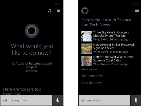 Screenshots of Cortana digital assistant on Windows Phone 8.1.