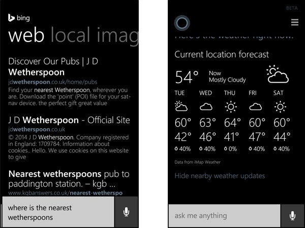 Windows Phone 8.1 interface showing Bing search and weather app.
