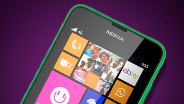 Nokia Lumia 635 with colorful app tiles on screen.