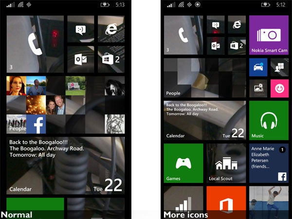 Windows Phone 8.1 start screens with normal and more icons.