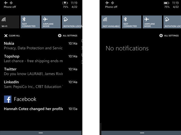 Windows Phone 8.1 notification center comparison before and after clearing.