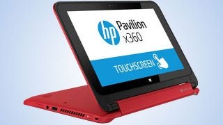 HP Pavilion x360 convertible laptop in tent mode.
