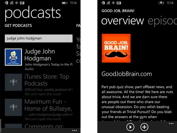 Screenshot of podcast apps on Windows Phone 8.1.