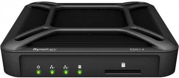 Synology EDS14 network-attached storage device with indicator lights on.