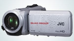 JVC HD Everio GZ-R10SE camcorder with water droplets on it.