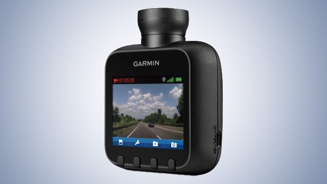 Garmin Dash Cam 20 mounted with on-screen road recording.