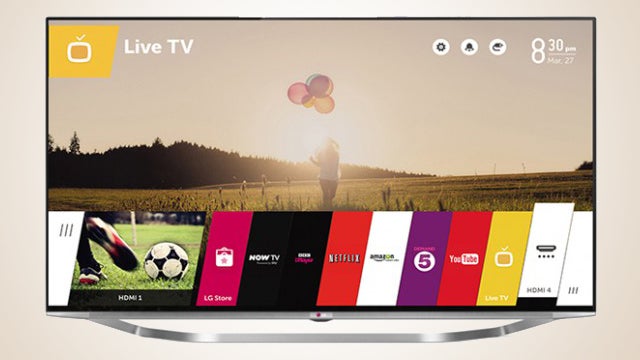 LG 55UB950V TV displaying smart interface and colorful streaming apps.
