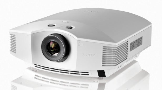 Sony projector on white background displaying lens and design features.