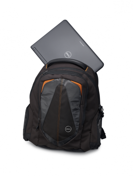 Dell Latitude laptop placed on a backpack.