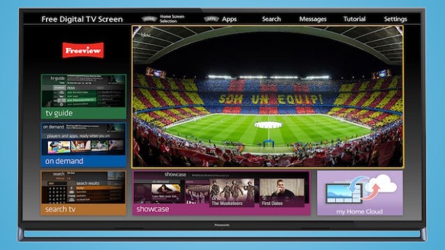 Panasonic Smart Viera TV displaying colorful menu and soccer game.