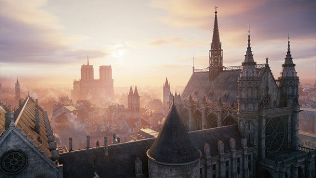 Assassin's Creed Unity screenshot featuring Notre-Dame at sunrise.