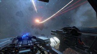 First-person view from EVE: Valkyrie spaceship cockpit during battle.