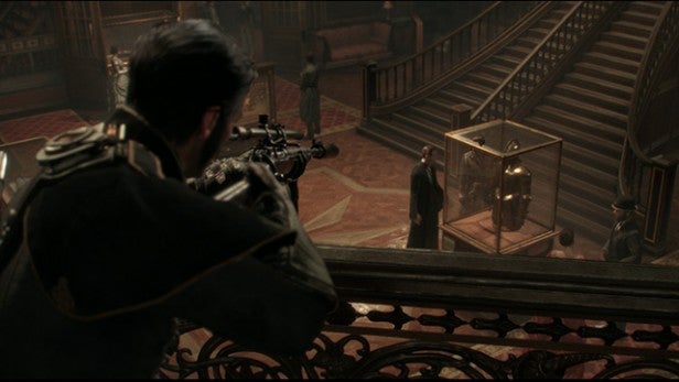 Character with an advanced weapon in The Order: 1886 game.Character aiming a rifle in The Order: 1886 gameplay scene.
