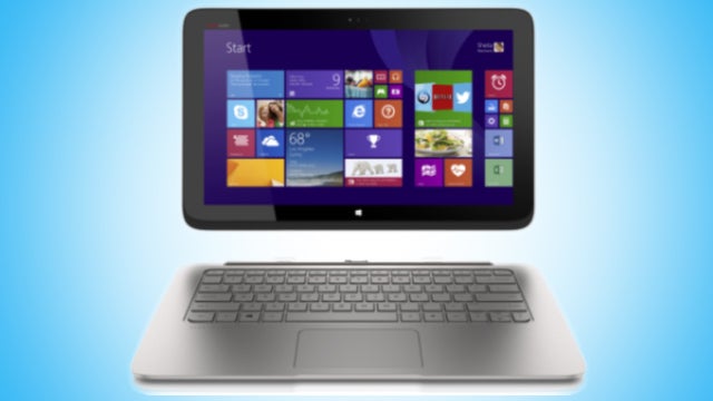 HP Spectre 13 x2 laptop and tablet hybrid on blue background.