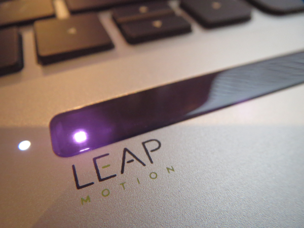 Close-up of HP Envy Leap Motion sensor on laptop.