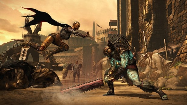 Mortal Kombat X gameplay screenshot with two characters fighting.