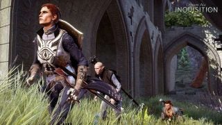 Characters from Dragon Age: Inquisition in a forest setting.
