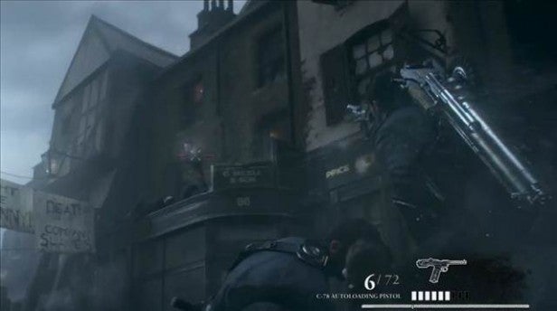 Screenshot from The Order: 1886 gameplay showing combat scene.Character with an advanced weapon in The Order: 1886 game.Character aiming a rifle in The Order: 1886 gameplay scene.