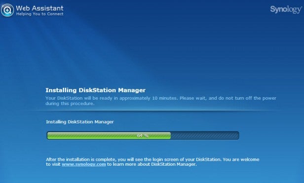 Installation progress screen showing 64% completion for DiskStation Manager.