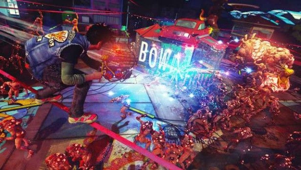 Screenshot of Sunset Overdrive gameplay showing character and mutants.
