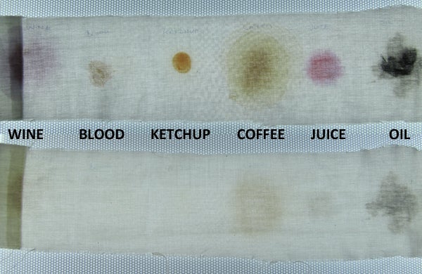 Stain removal test results on fabric with labeled stains.