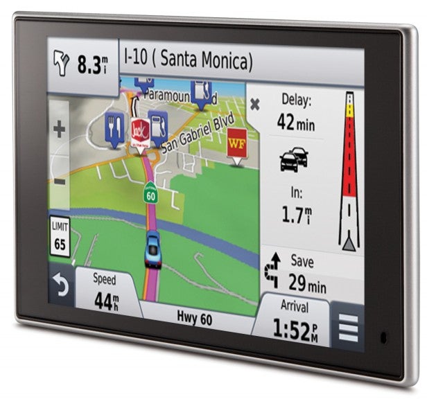 Garmin nuvi 3597LMT GPS showing map and traffic updates.
