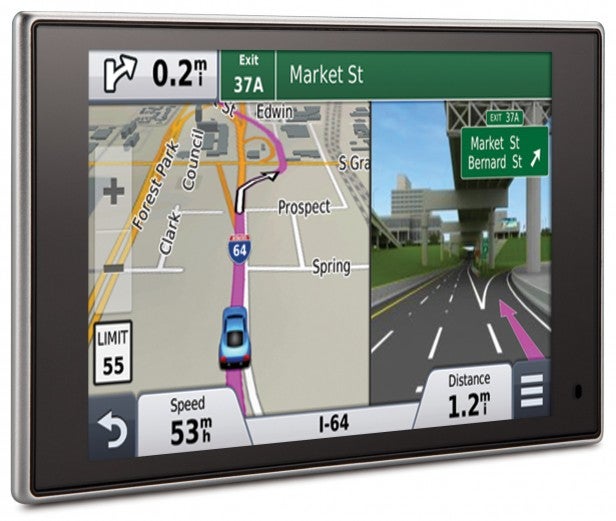 Garmin nuvi 3597LMT GPS navigator displaying a map route.