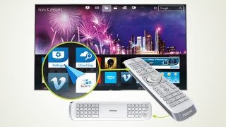 Philips Smart TV displaying interface with remote and keyboard.