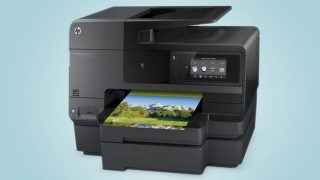 HP OfficeJet Pro 8620 printer with a landscape printout.