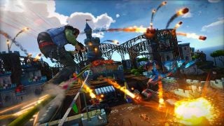 Character grinding rail with explosions in Sunset Overdrive game.