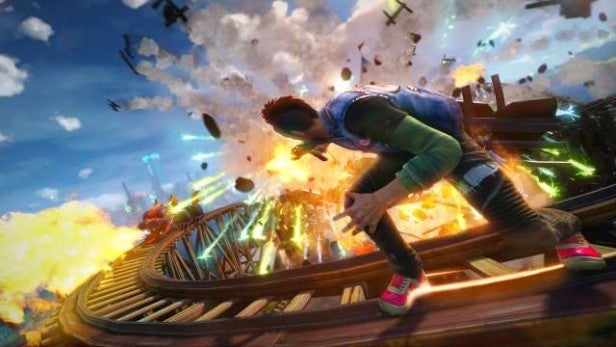 Sunset Overdrive gameplay screenshot with character and explosion.