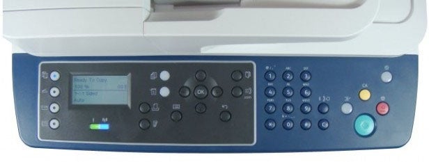 Xerox WorkCentre 3325 printer control panel close-up.