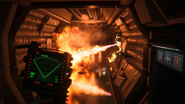 First-person view of fire outbreak in Alien: Isolation game.