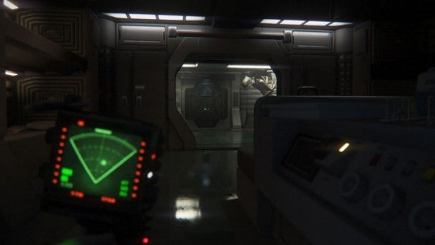 Motion tracker in use inside a spaceship from Alien: Isolation game.