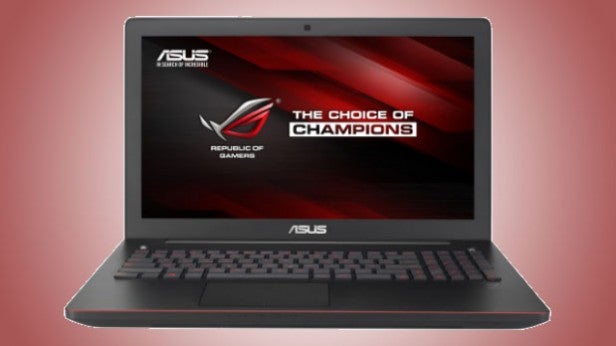 ASUS gaming laptop displaying 'The choice of champions' slogan.