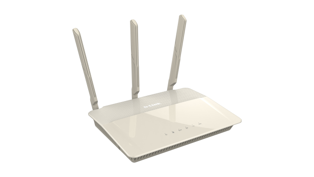Wireless router with three antennas on a white background.