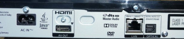 Close-up of Panasonic DMP-BDT360 rear connectivity ports.