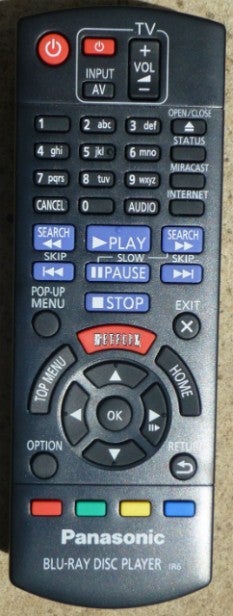 Panasonic DMP-BDT360 Blu-ray player remote control.
