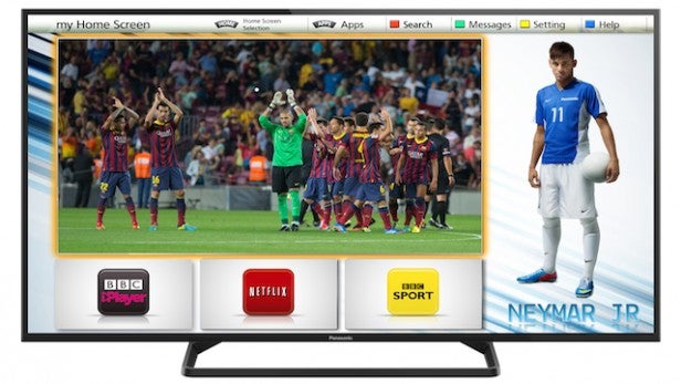 Smart TV displaying soccer match and app selection screen with athlete advert.