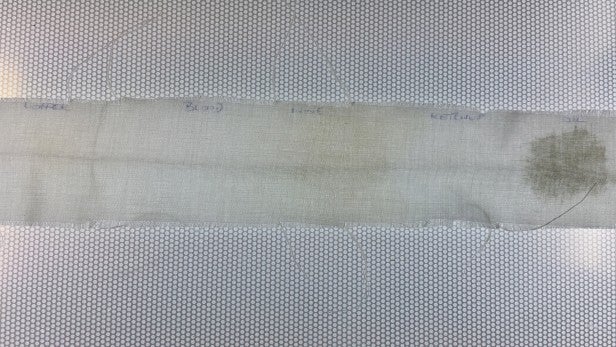 Stain removal test strip after washing with Samsung WF80F5E0W4W.