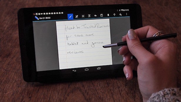Hand using stylus on tablet with note-taking app.