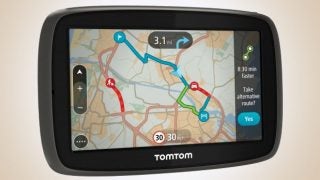 TomTom GO 40 GPS showing traffic reroute option on screen.