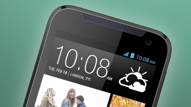 HTC Desire 310 smartphone displaying time and weather.