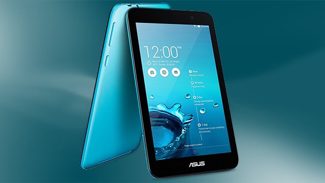 Asus Memo Pad 7 in blue with home screen displayed.